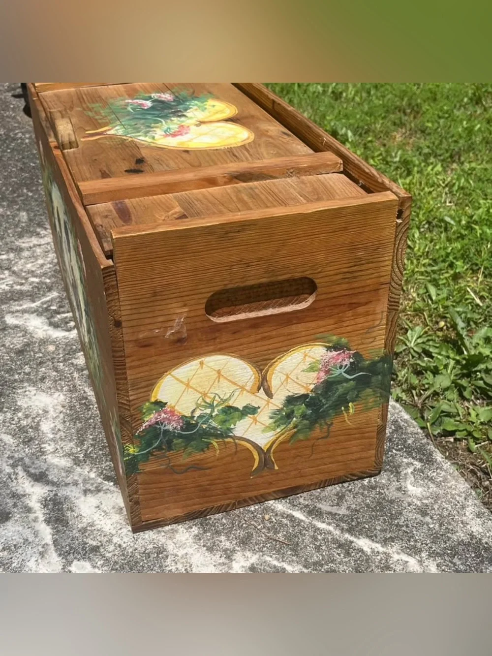 Vintage Handmade Wood Storage Box Folk Art Children Floral Hearts Cottage Whimsy